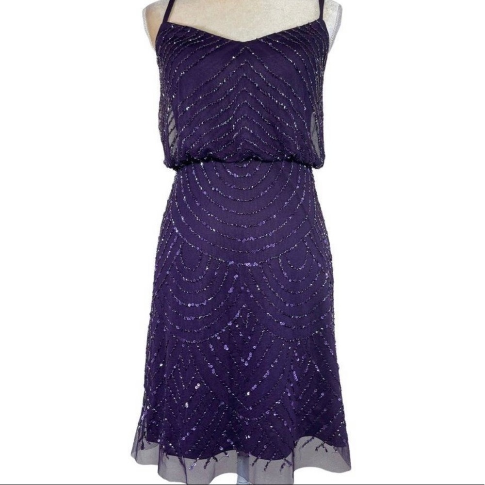 Adrianna Papell Eggplant Strappy Beaded Art Deco Mini Dress Size 2 missing beads